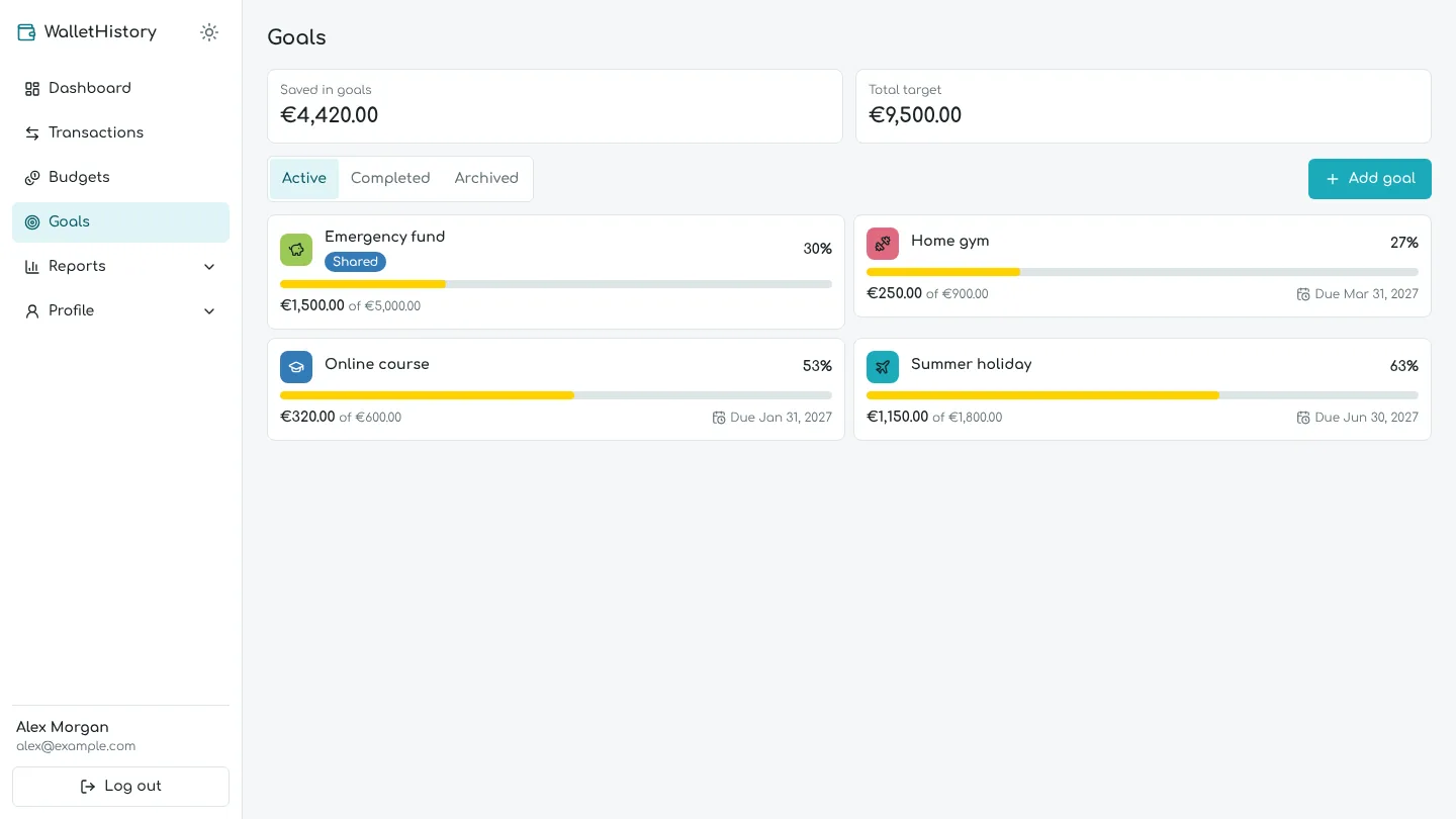 Goals page with progress bars for the emergency fund, summer holiday, online course and home gym